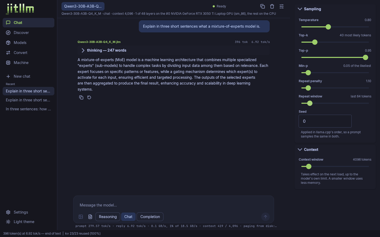 The jitllm desktop app, Chat screen