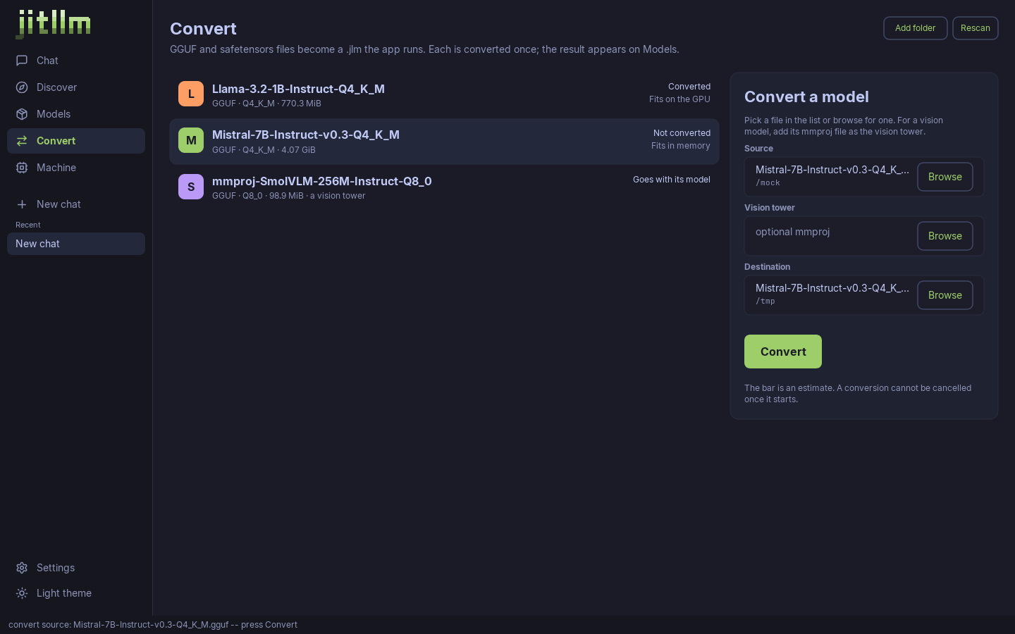 The Convert screen, dark theme
