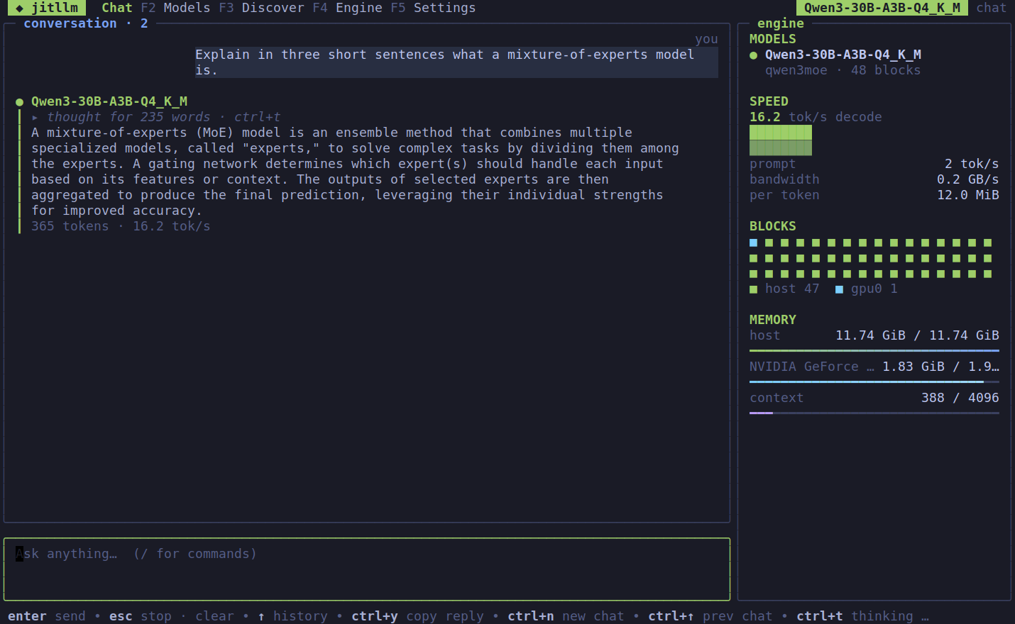 The jitllm terminal app, Chat screen