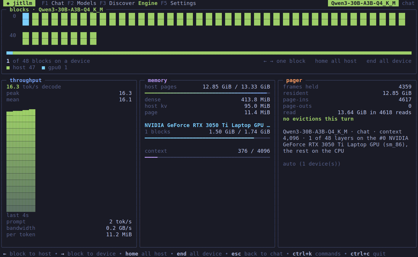The jitllm terminal app, Engine screen