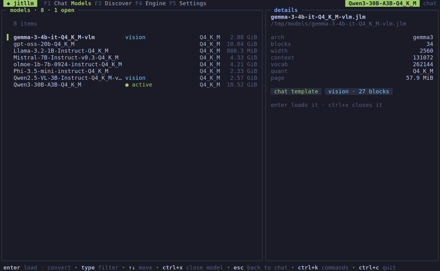 The jitllm terminal app, Models screen